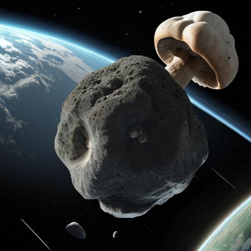 Prompt: One giant asteroid with mushrooms growing on it flying through space towards Earth.