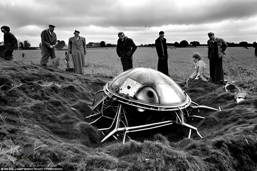 Prompt: Alien technology from a crash landing being discovered by people in the 1950s in a field