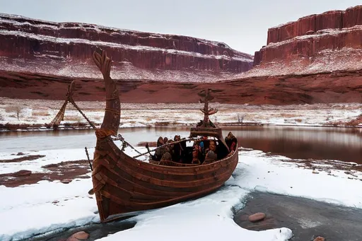 Prompt: 
Ancient Nordic Viking arriving in Moab in the winter by a Viking ship in the Colorado river.