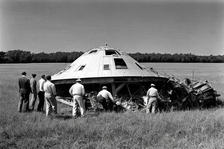 Prompt: CIA and the 1950s discovering a crash landing in a field containing small debris from an alien spacecraft.