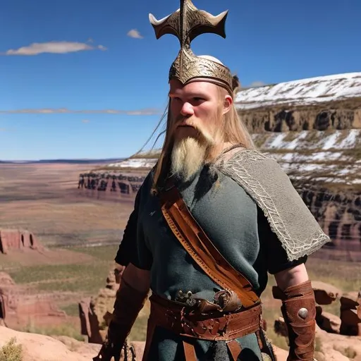 Prompt: Nordic Viking overlooking southern utah monument.
