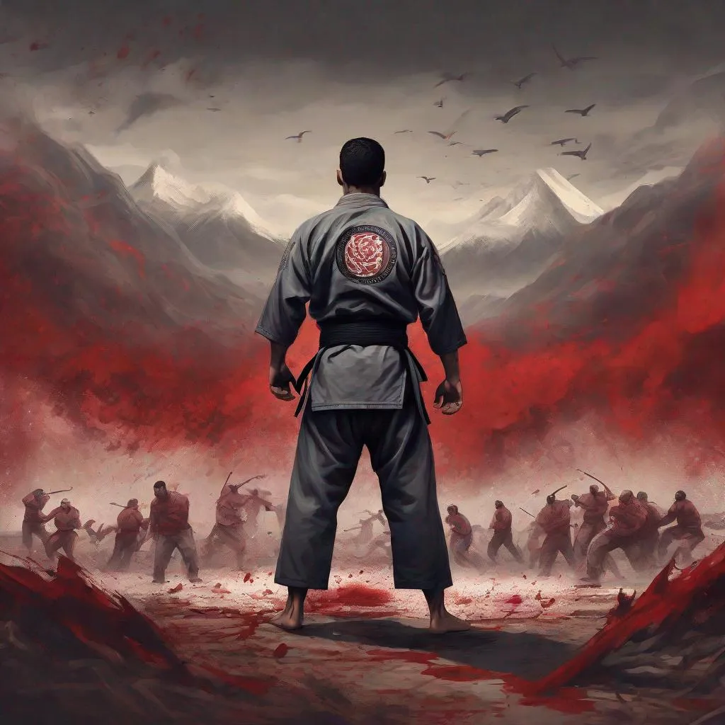 Prompt: latino guy, jiu jitsu figther, in a big battle field, full of bodies, few survivor, mountain at the back ground, , image from a far distance, blood around, cruel vibes, artistic
