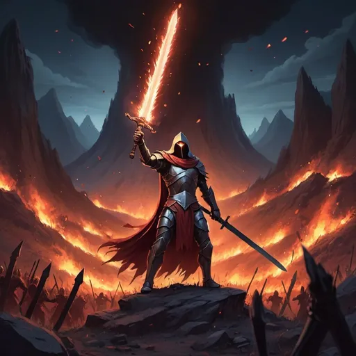 Prompt: Cartoon, personality: Strong and ambitious, standing in a valley surrounded by faceless enemies wielding a flamberge sword with both hands during the night time in an epic battle, questioning whether or not he'll make it. Hyper real.