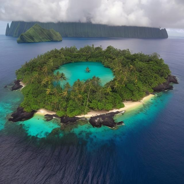 Prompt: Paste the island of Vao Malekula in Vanuatu. and between the main land and small island i big botle of tusker cross the see
