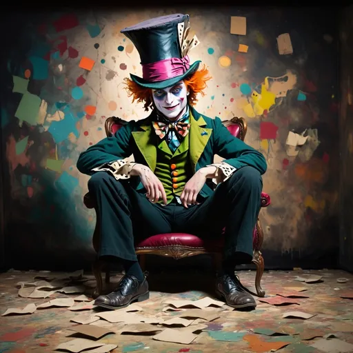 Prompt: mad hatter sitting in stage pollock style