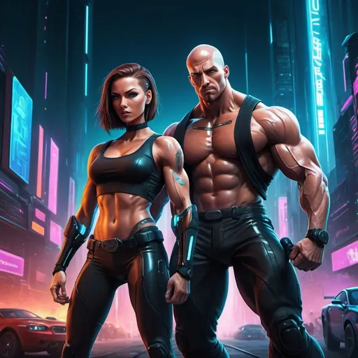 Prompt: Cartoon movie poster featuring Muscular male with shaved head and muscular female with long brown hair. futuristic cyberpunk setting, detailed character designs, intense and determined expressions, high-energy action scene, dynamic poses, glossy and sleek finish, professional-grade artwork, high quality, vibrant colors, detailed character designs, futuristic cyberpunk, intense expressions, dynamic poses, action-packed, cartoon art style, vibrant color palette, glossy finish.