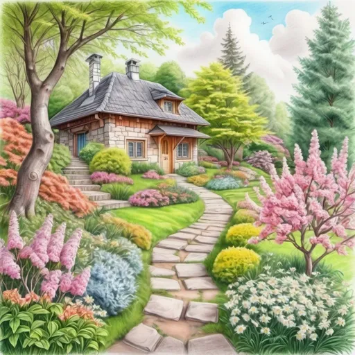 Prompt: A colorful spring landscape with a winding stone path, a path leading through a lush garden surrounded by flowering trees, shrubs and a small wooden cottage. Realistic pencil drawing