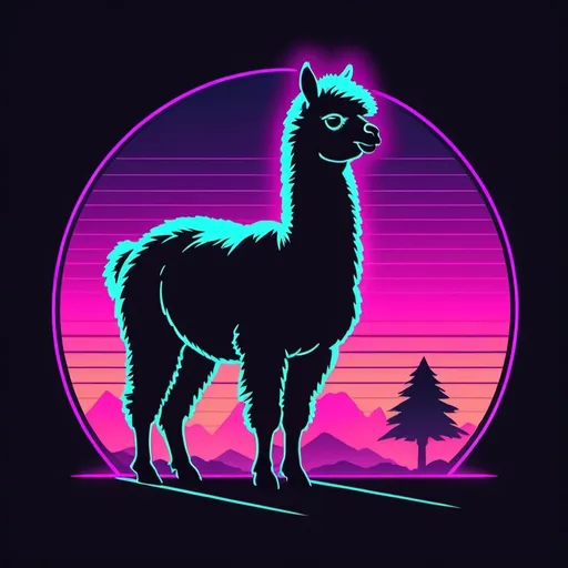 Prompt: Alpaca silhouette in vaporwave style, 1980s logo design, simple and sleek, retro color palette, neon glow, high quality, vaporwave, 1980s, sleek, alpaca silhouette, retro, simple, neon glow, clean lines