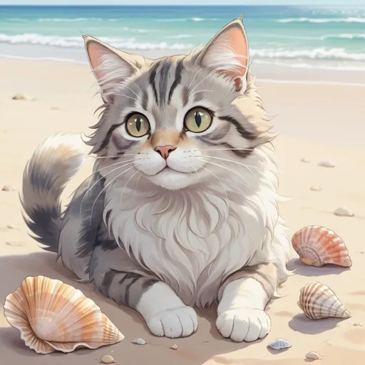 Prompt: 2D Studio Ghibli anime illustration of a playful cat, serene beach setting, soft pastel color palette, gentle ocean breeze, detailed fur with fluffy texture, curious and playful gaze, sandy beach with vibrant seashells, best quality, highres, anime, Studio Ghibli, pastel colors, detailed fur, playful design, serene, gentle breeze