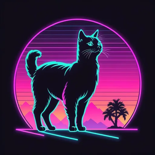 Prompt: cat silhouette in vaporwave style, 1980s logo design, simple and sleek, retro color palette, neon glow, high quality, vaporwave, 1980s, sleek, alpaca silhouette, retro, simple, neon glow, clean lines