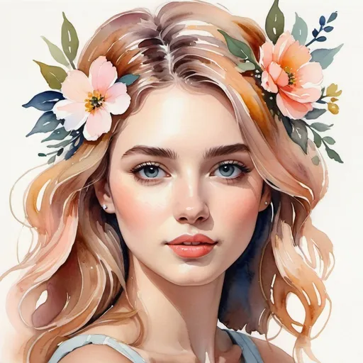 Prompt: Young woman with a flower in her hair, gouache watercolor, delicate features, vibrant and dreamy, high quality, gouache watercolor, floral hair accessory, serene expression, detailed brushwork, pastel colors, natural lighting