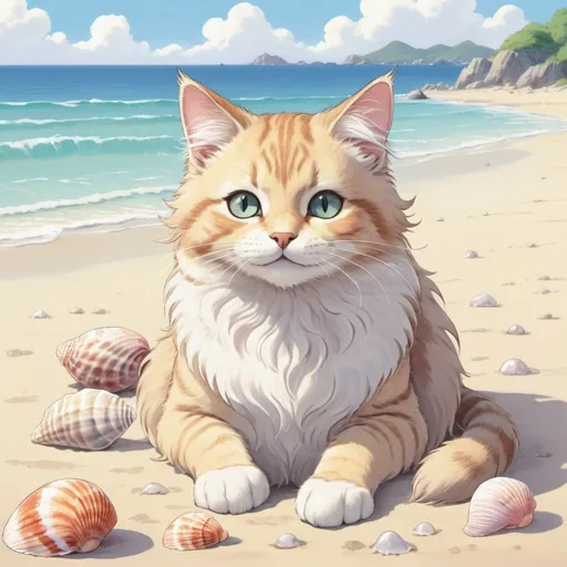 Prompt: 2D Studio Ghibli anime illustration of a playful cat, serene beach setting, soft pastel color palette, gentle ocean breeze, detailed fur with fluffy texture, curious and playful gaze, sandy beach with vibrant seashells, best quality, highres, anime, Studio Ghibli, pastel colors, detailed fur, playful design, serene, gentle breeze