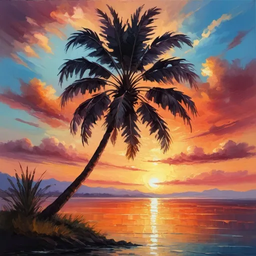 Prompt: Silhouette of one palm tree, beautiful landscape, sunset in background, impressionist, vibrant colors, professional, highres, oil painting, beautiful lighting, atmospheric clouds, peaceful atmosphere