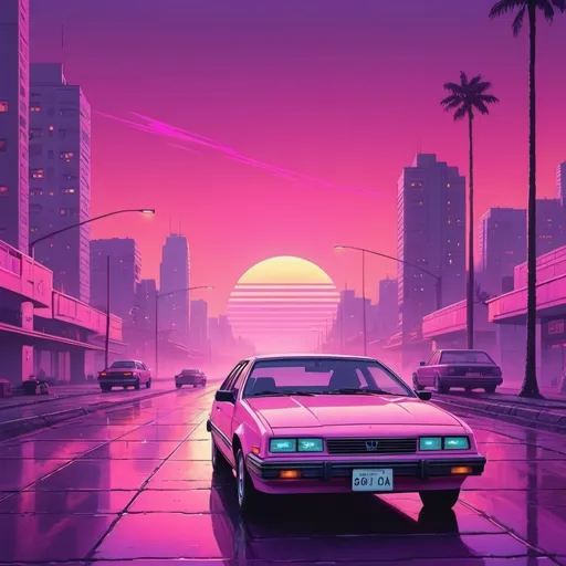 Prompt: a retrowave city landscape at sunset, 1980s feeling, retro vibe, pink, purple, pastel shades lone car