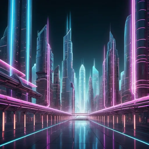 Prompt: A futuristic cityscape made of light, with glowing skyscrapers and intricate architectural details. The neon colors are vibrant and surreal, with light beams piercing through the buildings. The lighting is ethereal and high-tech, with shining pathways. The image is a 3D rendering with ultra-detailed, highres quality. 