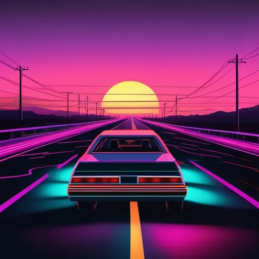 Prompt: 80's car realistic highway aesthetic neon liminal sunset long road