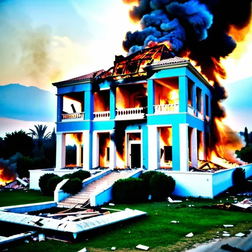 Prompt: a destroyed villa that is on fire. total chaos around, looks like the villa used to be big and expensive and very luxurious but someone destroyed it in a very violent manner, it is wrecked and burning