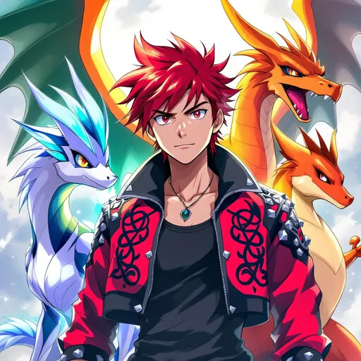 Prompt: Red hair guy with a red and black jacket and an Lucario ,Charizard, Dragonite by his side ,very hot