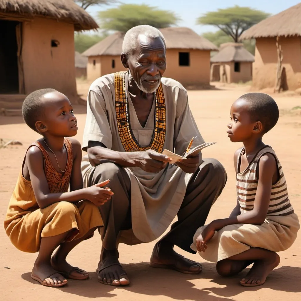 Prompt: Realistic painting of a wise elderly African man advising two grounded children, outdoor scenery with warm natural lighting, traditional African attire, detailed facial features with wisdom and kindness, storytelling ambiance, high quality, realistic, traditional, warm tones, detailed expressions, wise mentor, outdoor setting, heartwarming, African culture, storytelling ambiance, gentle expressions, life lessons