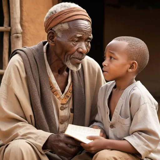 Prompt: African old man advising grandson, traditional African setting, warm earthy tones, high quality, realistic, wise expression, wrinkled face, traditional attire, storytelling, outdoor scene, natural lighting, African culture, detailed facial features, wise counsel, multi-generational wisdom