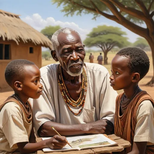 Prompt: Realistic painting of a wise elderly African man advising two grounded children, outdoor scenery with warm natural lighting, traditional African attire, detailed facial features with wisdom and kindness, storytelling ambiance, high quality, realistic, traditional, warm tones, detailed expressions, wise mentor, outdoor setting, heartwarming, African culture, storytelling ambiance, gentle expressions, life lessons