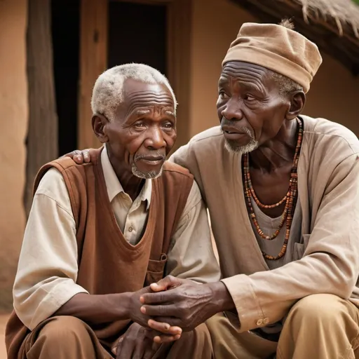Prompt: African old man advising grandson, traditional African setting, warm earthy tones, high quality, realistic, wise expression, wrinkled face, traditional attire, storytelling, outdoor scene, natural lighting, African culture, detailed facial features, wise counsel, multi-generational wisdom