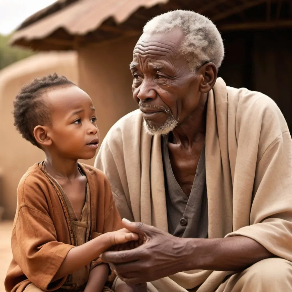 Prompt: African old man advising grandson, traditional African setting, warm earthy tones, high quality, realistic, wise expression, wrinkled face, traditional attire, storytelling, outdoor scene, natural lighting, African culture, detailed facial features, wise counsel, multi-generational wisdom