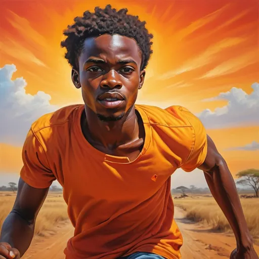 Prompt: African young man chasing dream, realistic painting, determined expression, vibrant colors, vibrant and warm lighting, high quality, realistic, determined, dream chase, vibrant colors, warm lighting