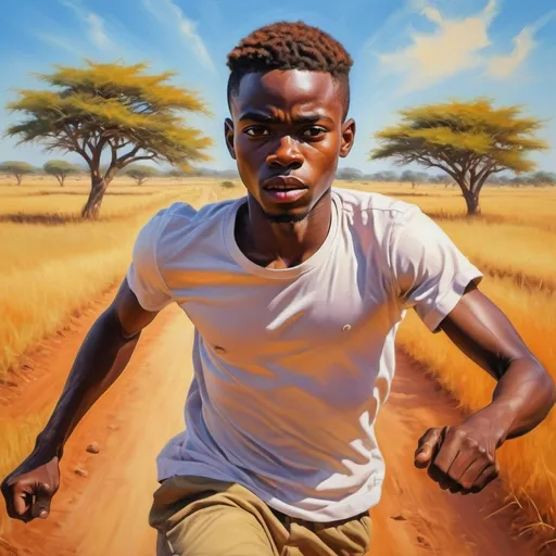 Prompt: African young man chasing dream, realistic painting, determined expression, vibrant colors, vibrant and warm lighting, high quality, realistic, determined, dream chase, vibrant colors, warm lighting