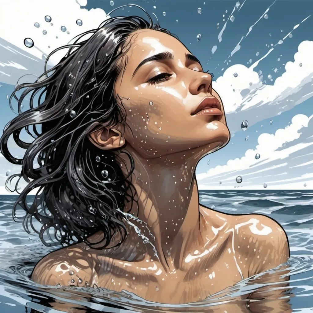 Prompt: M.c.escher style,  Graphic novel style, vector art, Naomi Scott emerging from water, taking a deep breath , radiant sunlight filtering through the surface, detailed water droplets on skin, flowing hair , beach , clouds. art by Yoji Shinkawa