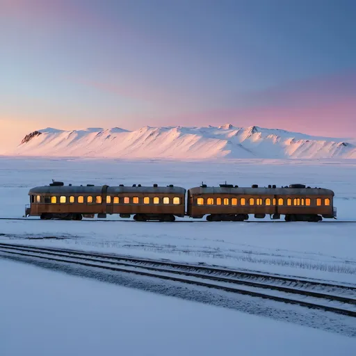 Prompt: old train passing tundra at the dawn