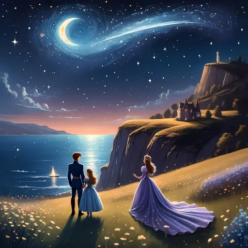 Prompt: Prince and Princess Staring at a Starry Night sky with comet in a beautiful field with flowers overseeing a cliff and the ocean