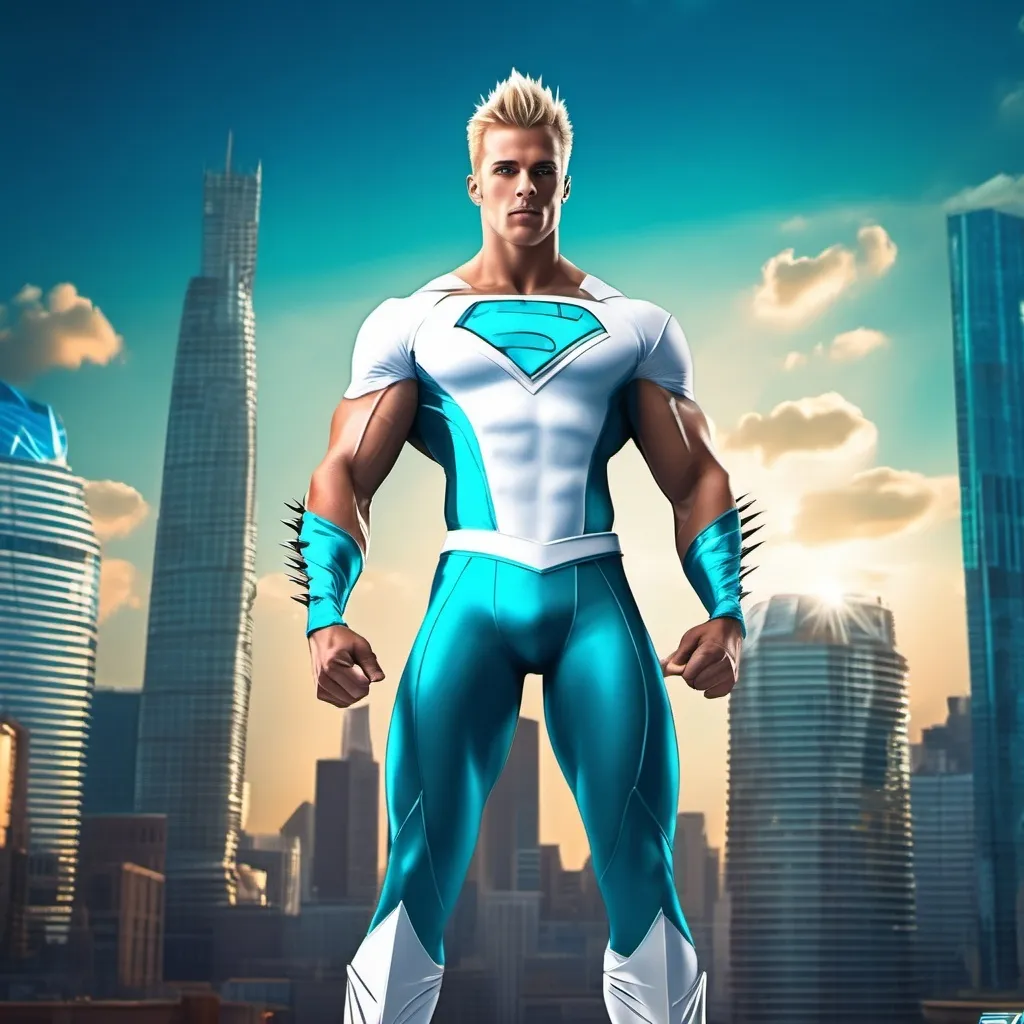 Prompt: muscular young man, naturally tanned, blue eyed, brunette spiky hair with blonde highlights. white speedo, superhero, teal latex bodysuit, small white cape, white boots, city skyline background, photorealistic, superhero pose