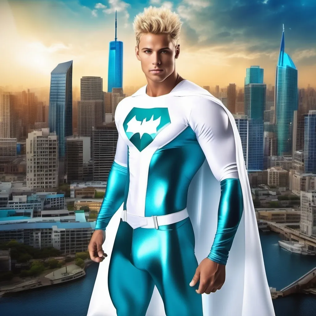 Prompt: muscular young man, naturally tanned, blue eyed, brunette spiky hair with blonde highlights. white speedo, superhero, teal latex bodysuit, small white cape, white boots, city skyline background, photorealistic, flying, 