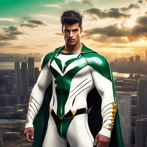 Prompt: muscular young man, naturally tanned, hazel eyed, black spiky hair. Latino, white speedo, superhero, green latex bodysuit, small white glider flaps, white boots, winged helm, golden eagle emblem, city skyline background, photorealistic, superhero pose, retro style