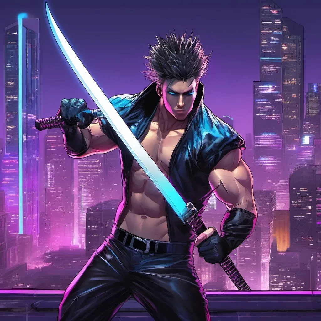 Prompt: Wraithblade, muscular young man, naturally tanned, blue eyed, black spiky hair. white speedo, vigilante, purple spandex latex suit, white boots, white gloves, katanas, night city rooftops background, photorealistic, domino eye mask, ninja, , (cyberpunk aesthetic), 80s comic book style