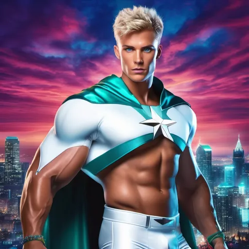 Prompt: muscular young man in superhero pose, (naturally tanned skin), striking blue eyes, brunette spiky hair with blonde highlights, wearing an 80s contrasting white speedo and teal latex bodysuit, small flowing white cape, white boots, (city skyline in the background), vibrant colors, dynamic lighting, (photorealistic), ultra-detailed, high resolution, cinematic atmosphere that conveys heroism and power. floating