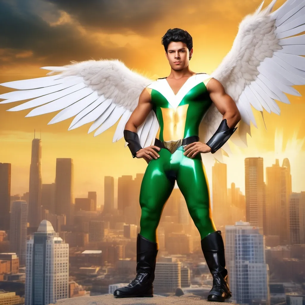 Prompt: muscular young man, naturally tanned, hazel eyed, black spiky hair. Latino, white speedo, superhero, green latex bodysuit, small white glider flaps, white boots, winged helm, golden eagle emblem, city skyline background, photorealistic, superhero pose, retro style