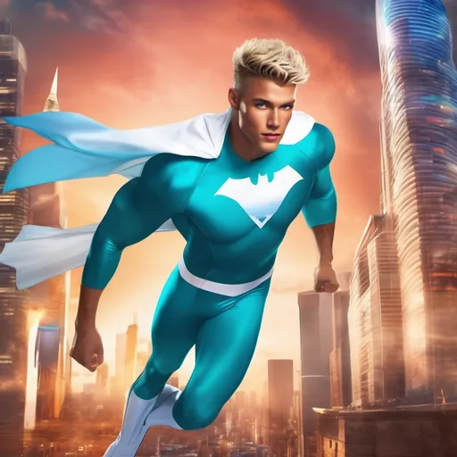 Prompt: muscular young man in superhero pose, (naturally tanned skin), striking blue eyes, brunette spiky hair with blonde highlights, wearing a contrasting white speedo and teal latex supersuit, small flowing white cape, white boots, (city skyline in the background), vibrant colors, dynamic lighting, (photorealistic), ultra-detailed, high resolution, cinematic atmosphere that conveys heroism and power. Flying