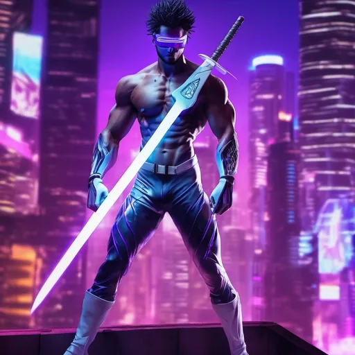 Prompt: Wraithblade, muscular young man, (photorealistic) style, (blue eyes, black spiky hair), wearing a (white speedo and purple spandex rubber suit), white boots, white gloves, purple eye mask; wielding cybernetic whip-sword, set against a vibrant night city rooftop backdrop, showcasing a (cyberpunk aesthetic), elements of (80s retro), menacing yet heroic vibe, backlit by glowing neon lights, dynamic poses, high-quality detail.