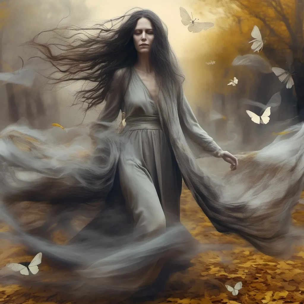 Prompt: Ghostly pale woman spirit, long frizzy grey brown hair, glowing yellow eyes, body evaporating into wind, flowing rags, body turning into dust, revenant witch, wasteland background, whirling dervishes, moths, fallen leaves