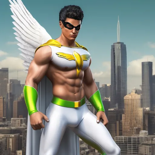 Prompt: muscular young man, naturally tanned, hazel eyed, black spiky hair. Latino, white speedo, superhero, green latex bodysuit, small white glider flaps, white boots, winged helm, golden eagle emblem, city skyline background, photorealistic, superhero pose, retro style