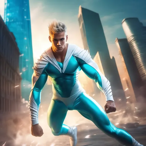 Prompt: muscular young man in superhero pose, (naturally tanned skin), striking blue eyes, brunette spiky hair with blonde highlights, wearing a contrasting white speedo and teal latex supersuit, small flowing white cape, white boots, (city skyline in the background), vibrant colors, dynamic lighting, (photorealistic), ultra-detailed, high resolution, cinematic atmosphere that conveys heroism and power.