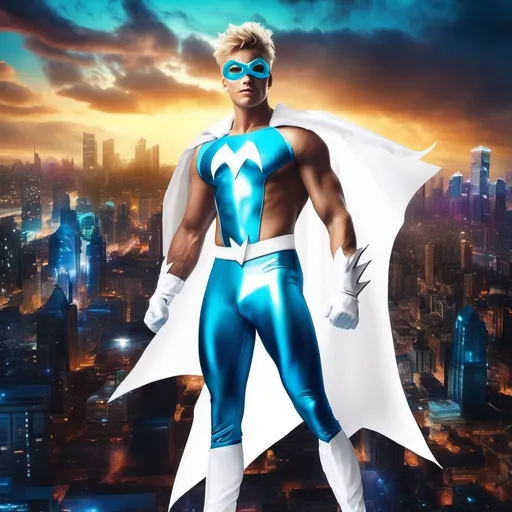 Prompt: muscular young man in superhero pose, (naturally tanned skin), striking blue eyes, brunette spiky hair with blonde highlights, wearing an 80s contrasting white speedo and teal latex bodysuit, small flowing white cape, white boots, (city skyline in the background), vibrant colors, dynamic lighting, (photorealistic), ultra-detailed, high resolution, cinematic atmosphere that conveys heroism and power. floating