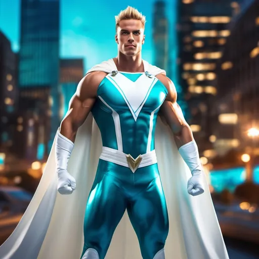 Prompt: muscular young man, naturally tanned, blue eyed, brunette spiky hair with blonde highlights. white speedo, superhero, teal latex bodysuit, small white cape, white boots, city skyline background, photorealistic, dynamic pose