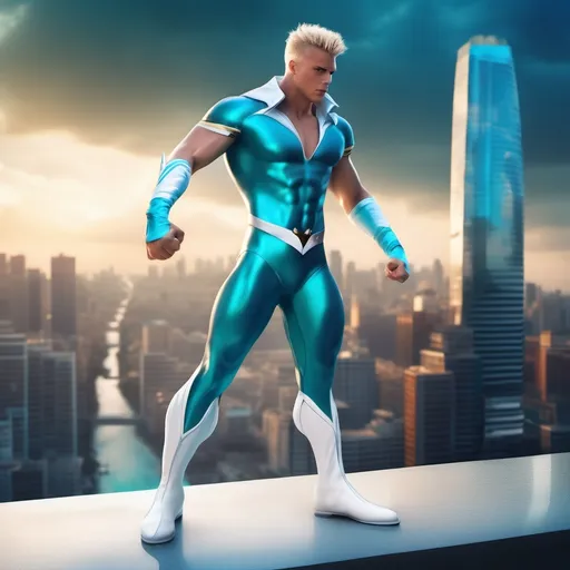 Prompt: muscular young man in superhero pose, (naturally tanned skin), striking blue eyes, brunette spiky hair with blonde highlights, wearing a contrasting white speedo and teal latex supersuit, small flowing white cape, white boots, (city skyline in the background), vibrant colors, dynamic lighting, (photorealistic), ultra-detailed, high resolution, cinematic atmosphere that conveys heroism and power.