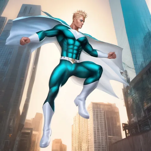 Prompt: muscular young man, naturally tanned, blue eyed, brunette spiky hair with blonde highlights. white speedo, superhero, teal latex bodysuit, small white cape, white boots, city skyline background, photorealistic, superhero pose, floating