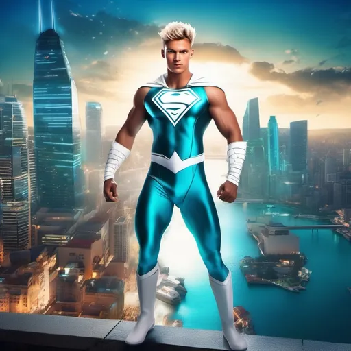 Prompt: muscular young man in superhero pose, (naturally tanned skin), striking blue eyes, brunette spiky hair with blonde highlights, wearing a contrasting white speedo and teal latex supersuit, small flowing white cape, white boots, (city skyline in the background), vibrant colors, dynamic lighting, (photorealistic), ultra-detailed, high resolution, cinematic atmosphere that conveys heroism and power. floating