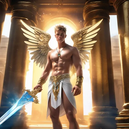 Prompt: muscular young man, naturally tanned, short brunette spiky hair with blonde highlights, blue eyes. White speedos, ancient temple background, photorealistic, gold bracelets, crystal sword, wings, white boots, angel, (glow, god rays, ethereal, dreamy, heavenly, otherworldly, dream-like, breathtaking, captivating, divine)