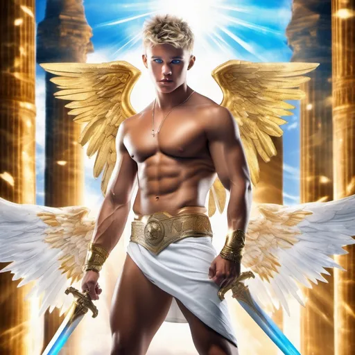 Prompt: muscular young man, naturally tanned, short brunette spiky hair with blonde highlights, blue eyes. White speedos, ancient temple background, photorealistic, gold bracelets, crystal sword, wings, white boots, angel, (glow, god rays, ethereal, dreamy, heavenly, otherworldly, dream-like, breathtaking, captivating, divine)